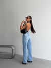 Kadın Retro Tarz Çift Cepli Düğme Detaylı Geniş Paça Kot Pantolon