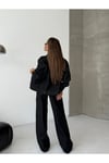 Kadın Siyah Wide Leg Denim Pantolon Ceket Takım