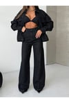 Kadın Siyah Wide Leg Denim Pantolon Ceket Takım