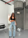 Kadın Taşlı ve Yırtık Detaylı Wide Leg Pamuklu Denim Pantolon