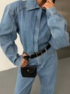 Kadın Uzun Kollu Fermuarlı Wide Leg Denim Kot Tulum