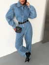 Kadın Uzun Kollu Fermuarlı Wide Leg Denim Kot Tulum