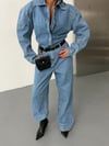 Kadın Uzun Kollu Fermuarlı Wide Leg Denim Kot Tulum