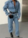 Kadın Uzun Kollu Fermuarlı Wide Leg Denim Kot Tulum
