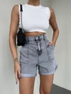 Kadın Yıkama Yüksek Bel Jean Şort - Beli Lastikli Denim Şort