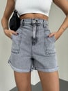 Kadın Yıkama Yüksek Bel Jean Şort - Beli Lastikli Denim Şort