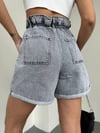 Kadın Yıkama Yüksek Bel Jean Şort - Beli Lastikli Denim Şort
