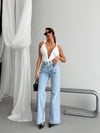 Kadın  Yıkamalı Çapraz Kemer Detaylı Wide Leg Jean Pantolon
