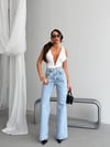 Kadın  Yıkamalı Çapraz Kemer Detaylı Wide Leg Jean Pantolon