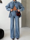 Kadın Yıkamalı Denim Takım - Oversize Kot Gömlek Ceket ve Wide Leg Jean Set