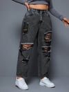 Kadın Yırtık Detaylı Mom Jean Pantolon – Yüksek Bel Vintage Denim Rahat Kesim Trend Pantolon