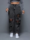 Kadın Yırtık Detaylı Mom Jean Pantolon – Yüksek Bel Vintage Denim Rahat Kesim Trend Pantolon