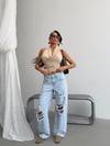 Kadın Yırtık Detaylı Wide Leg Bol Paça Pamuklu Jean Pantolon