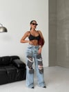 Kadın Yırtık Detaylı Wide Leg Jean Pantolon – Füme Yıkamalı Denim