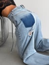 Kadın Yırtık Detaylı Yüksek Bel Wide Leg Yama Cepli Baggy Jean Pantolon