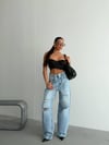 Kadın Yırtık Detaylı Yüksek Bel Wide Leg Yama Cepli Baggy Jean Pantolon