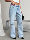 Kadın Yırtıklı Wide Leg Jean Pantolon – Vintage Yıkamalı Bol Paça Denim