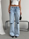Kadın Yırtıklı Wide Leg Jean Pantolon – Vintage Yıkamalı Bol Paça Denim