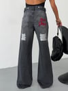 Kadın Yüksek Bel Arka Cebi Nakışlı Ve Yırtık Detaylı Wide Leg Jean Pantolon