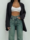 Kadın Yüksek Bel Asimetrik Çapraz Bel Geniş Paça Wide Leg Denim Pantolon