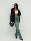 Kadın Yüksek Bel Asimetrik Çapraz Bel Geniş Paça Wide Leg Denim Pantolon