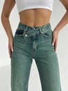 Kadın Yüksek Bel Asimetrik Çapraz Bel Geniş Paça Wide Leg Denim Pantolon