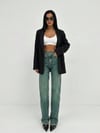 Kadın Yüksek Bel Asimetrik Çapraz Bel Geniş Paça Wide Leg Denim Pantolon