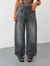 Kadın Yüksek Bel Bağcık Detaylı Baggy Wide Leg Bol Paça Jean Pantolon