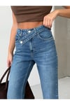 Kadın Yüksek Bel Çapraz Bel Detaylı Bol Paça Mavi Denim Jean Pantolon