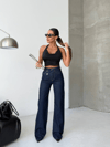 Kadın Yüksek Bel Çapraz Detaylı Wide Leg Jean Pantolon – Koyu Lacivert Denim