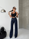 Kadın Yüksek Bel Çapraz Detaylı Wide Leg Jean Pantolon – Koyu Lacivert Denim