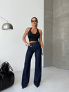 Kadın Yüksek Bel Çapraz Detaylı Wide Leg Jean Pantolon – Koyu Lacivert Denim