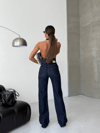 Kadın Yüksek Bel Çapraz Detaylı Wide Leg Jean Pantolon – Koyu Lacivert Denim