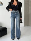 Kadın Yüksek Bel Çapraz Düğme Detaylı Wide Leg Jean Pantolon