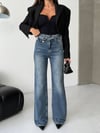 Kadın Yüksek Bel Çapraz Düğme Detaylı Wide Leg Jean Pantolon