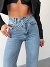 Kadın Yüksek Bel Çapraz Düğmeli Paçası Yırtmaçlı Wide Leg Jean Pantolon