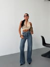 Kadın Yüksek Bel Çapraz Düğmeli Wide Leg Jean Pantolon