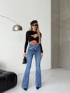 Kadın Yüksek Bel Çapraz Kemer Detaylı Beli Saran Flare Denim Pantolon