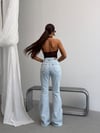 Kadın Yüksek Bel Çapraz Kemer Detaylı İspanyol Paça Jean Pantolon