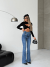 Kadın Yüksek Bel Çapraz Kemer Detaylı Beli Saran Flare Denim Pantolon