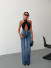 Kadın Yüksek Bel Çok Düğmeli Korsaj Detaylı Wide Leg Jean Pantolon