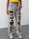 Kadın Yüksek Bel Çoklu Yırtıklı Baggy Wide Leg Jean Pantolon