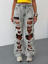 Kadın Yüksek Bel Çoklu Yırtıklı Baggy Wide Leg Jean Pantolon