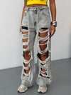 Kadın Yüksek Bel Çoklu Yırtıklı Baggy Wide Leg Jean Pantolon
