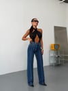 Kadın Yüksek Bel Dikey Çizgili Çift Tonlu Wide Leg Düz Kesim Jean Pantolon