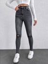 Kadın Yüksek Bel Dizleri Yırtıklı Skinny Jean Pantolon Dar Paça Kot Pantolon