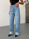 Kadın Yüksek Bel Duble Paça Tırnak Detaylı Wide Leg Jean Pantolon