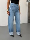 Kadın Yüksek Bel Duble Paça Tırnak Detaylı Wide Leg Jean Pantolon
