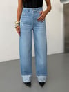 Kadın Yüksek Bel Duble Paça Tırnak Detaylı Wide Leg Jean Pantolon