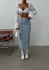 Kadın Yüksek Bel Düğmeli Denim Midi Etek – %100 Pamuk